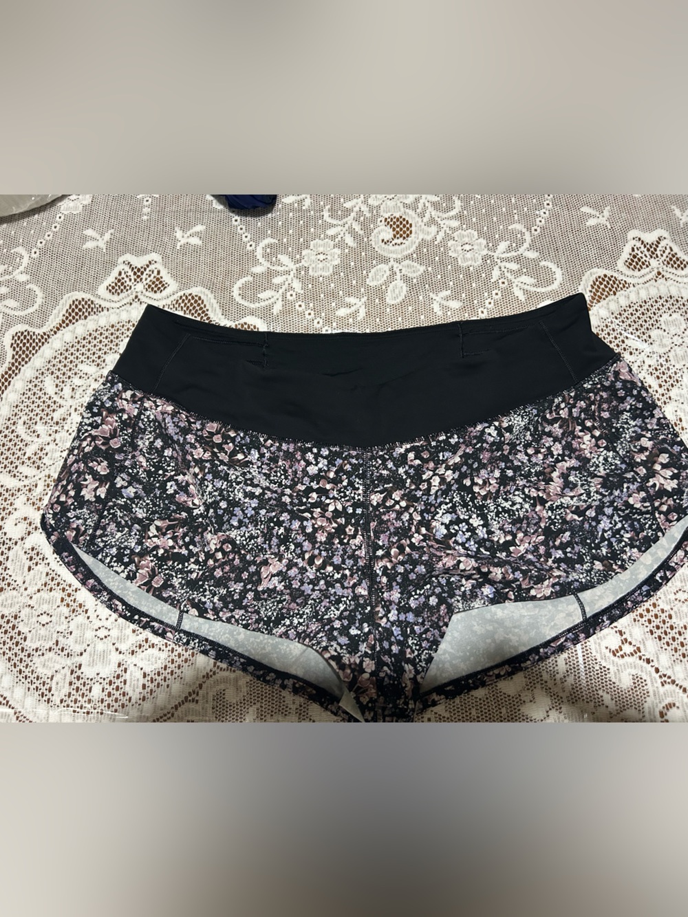 lululemon athletica Black Floral Athletic Shorts with Pink and Lavender Accents